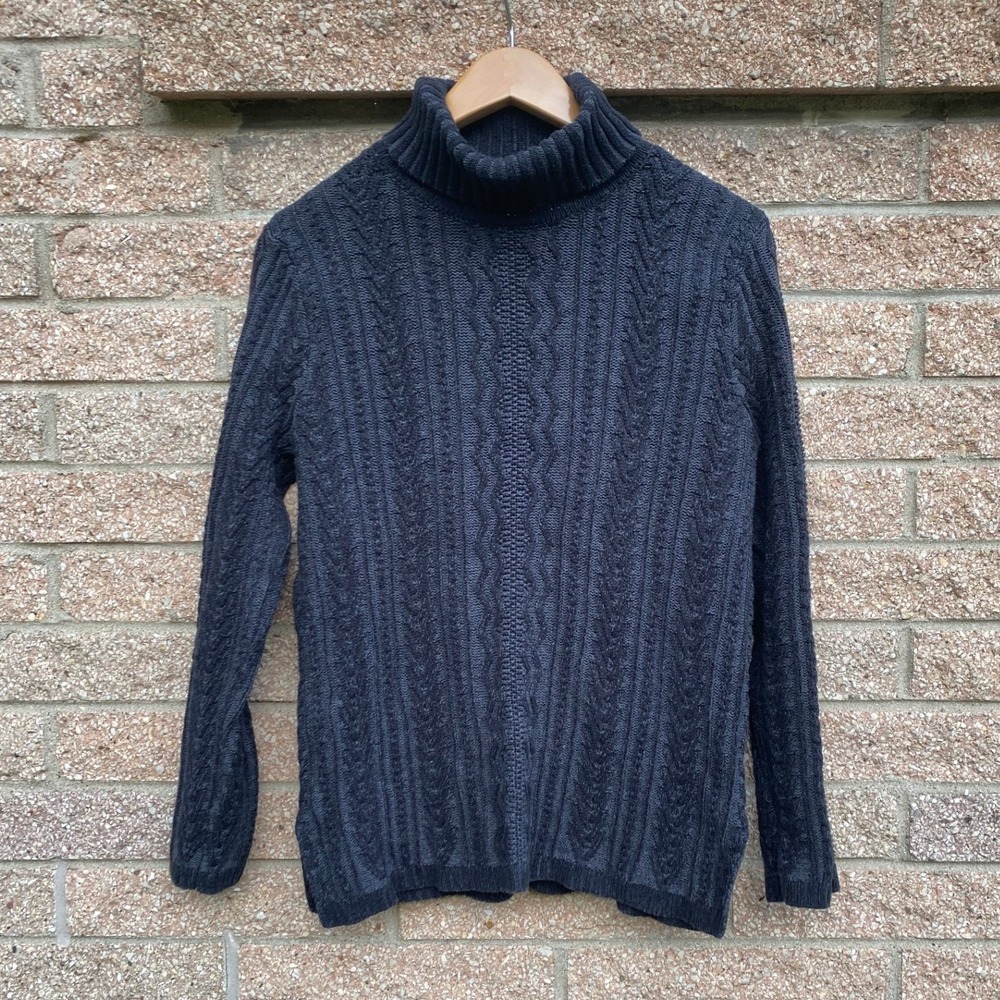 Fisherman Cable Knit Cotton Gray Turtleneck Sweater Medium Heritage Academia 90s